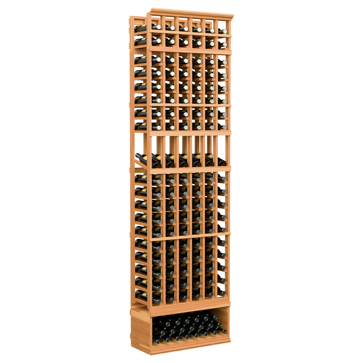 Warm wood 6-column wine bottle display rack with bottle slots and black dividers