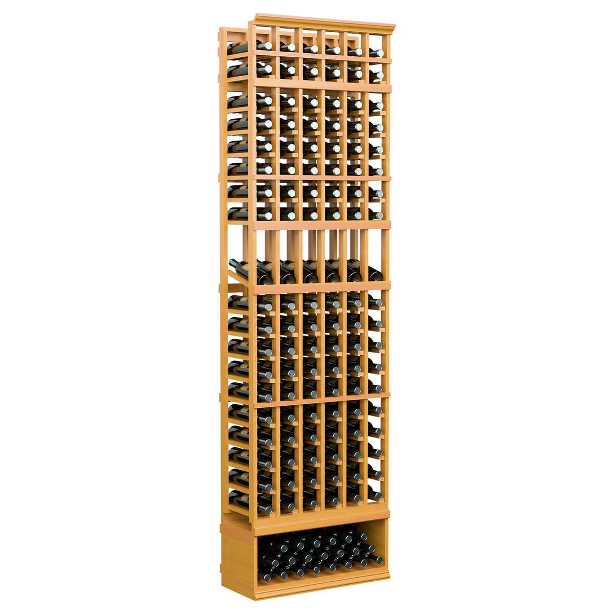 Golden wood 6-column wine bottle rack with bottle compartments and black crisscross bars