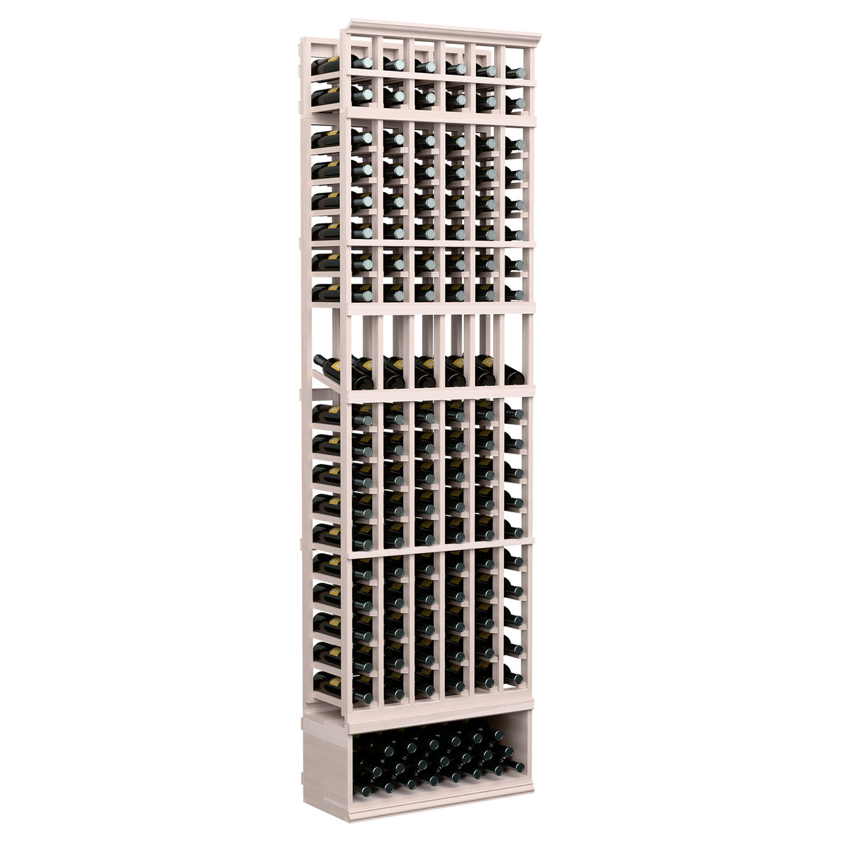 Gray-stained 6-column wine bottle display rack with bottle slots and black supports