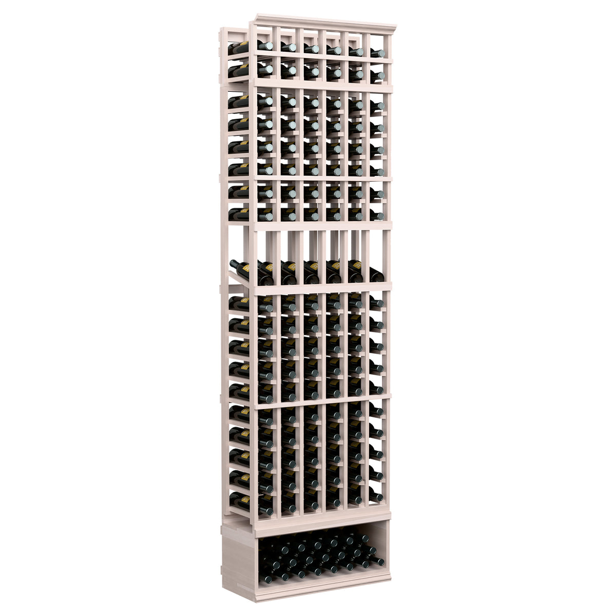 Gray-stained wood 6-column wine bottle rack with multiple bottle rows and black dividers