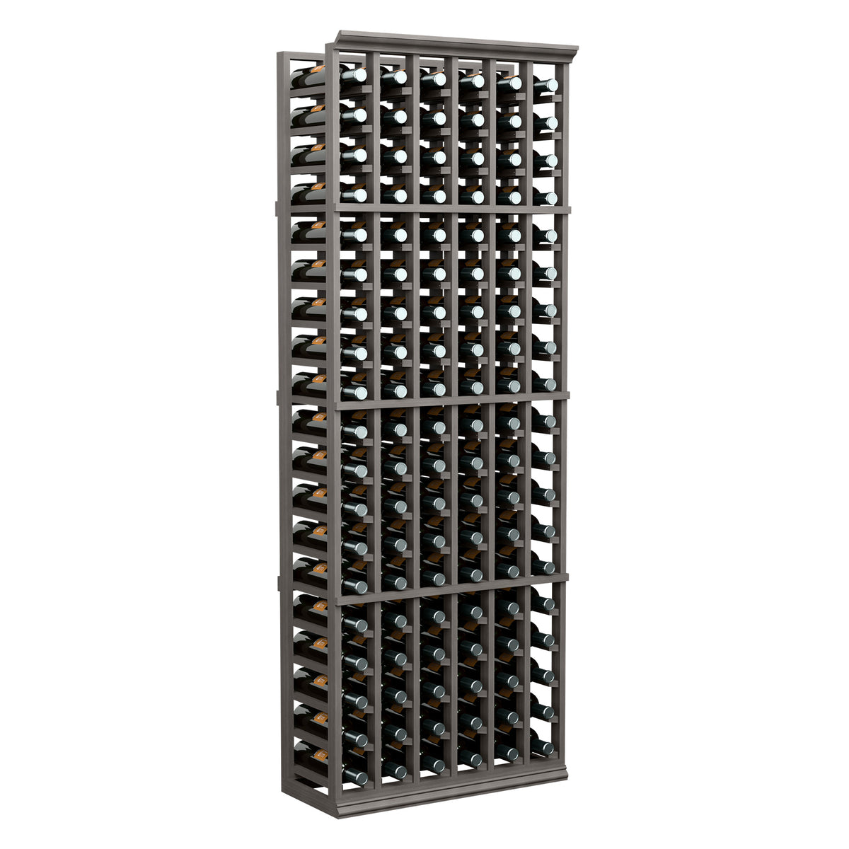 6-column wine bottle rack, 6 ft tall, dark frame with rows of bottles
