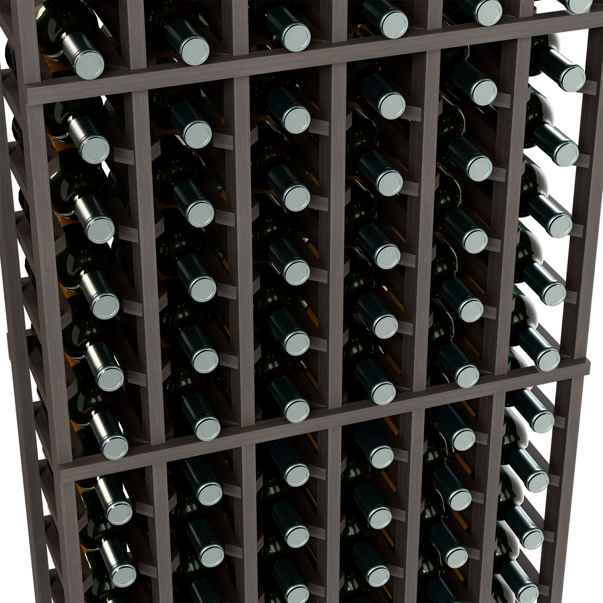 6-column wine bottle rack with dark wood frame, close-up of stored bottles