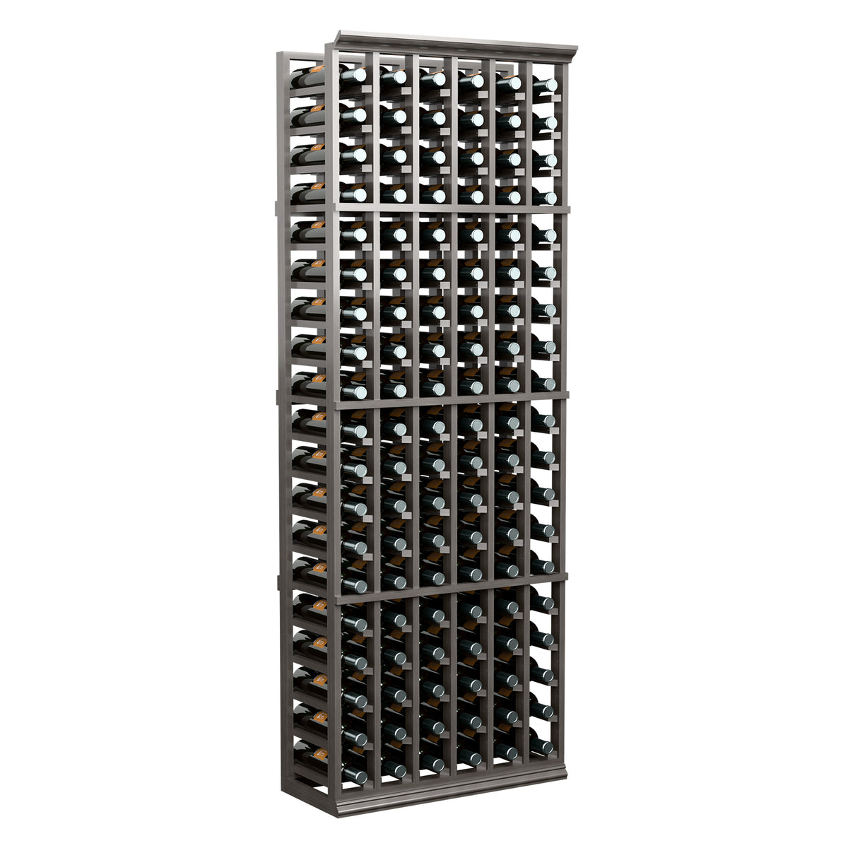 6-column wine bottle rack, 6 ft tall, dark frame with bottle storage grid