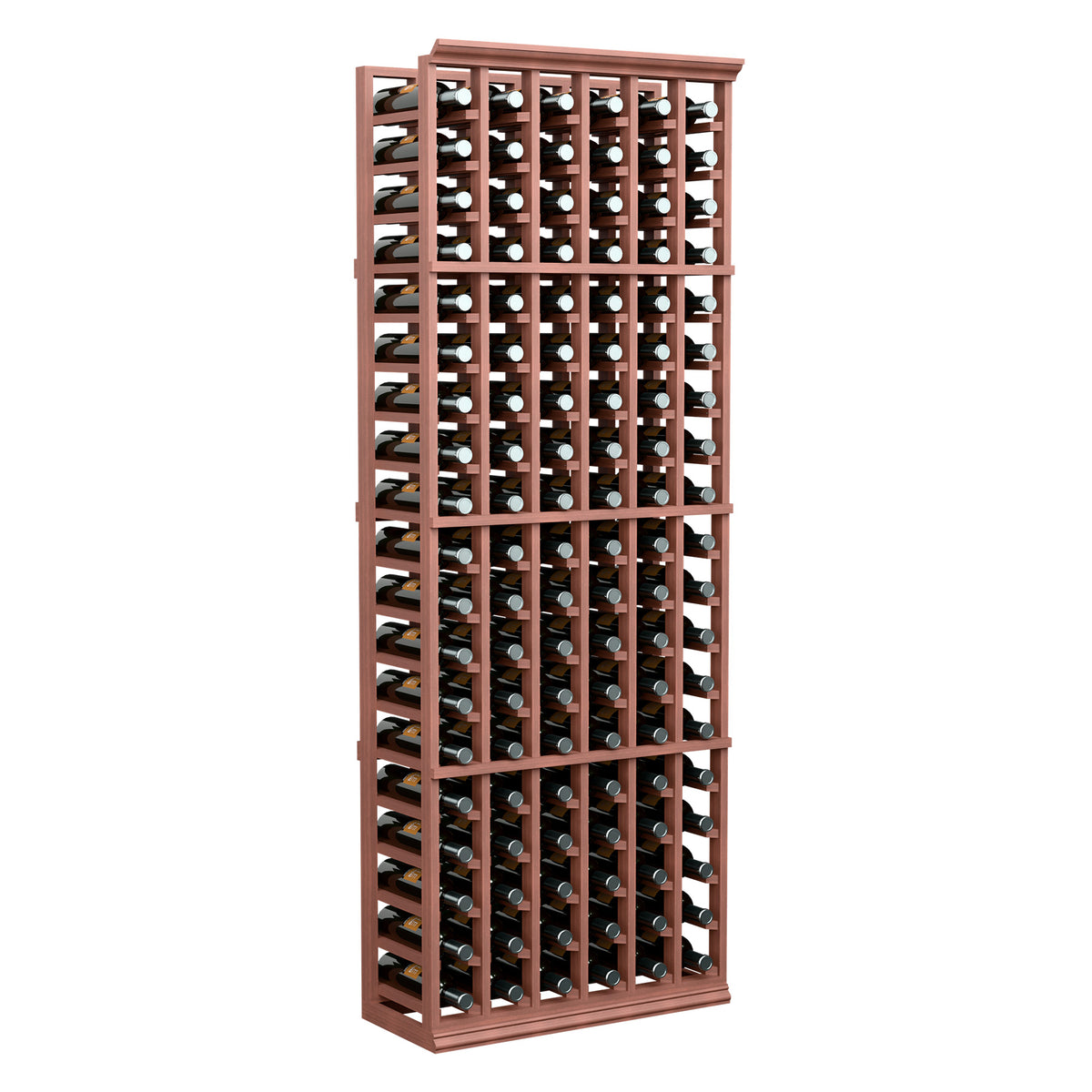 6-column wine bottle rack, 6 ft tall, reddish-brown frame with stored bottles