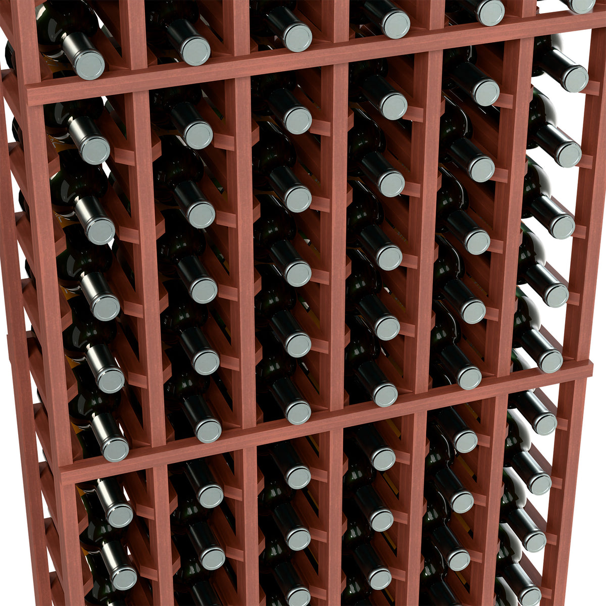 6-column wine bottle rack with reddish-brown frame, close-up of bottles