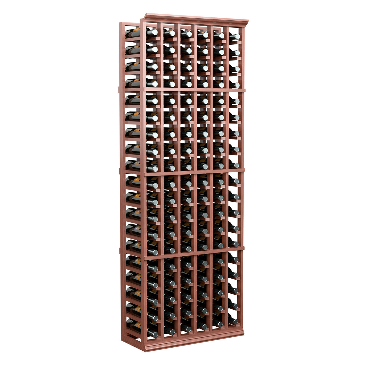 6-column wine bottle rack, 6 ft tall, reddish-brown frame holding bottles