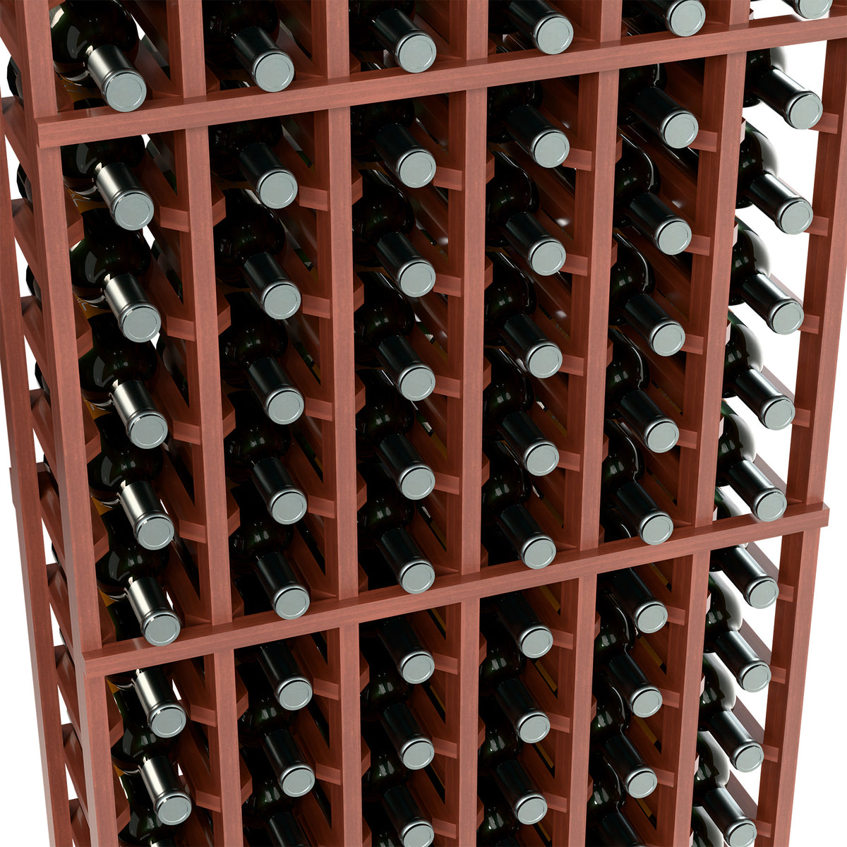 6-column wine bottle rack with reddish-brown frame, close-up of bottle rows