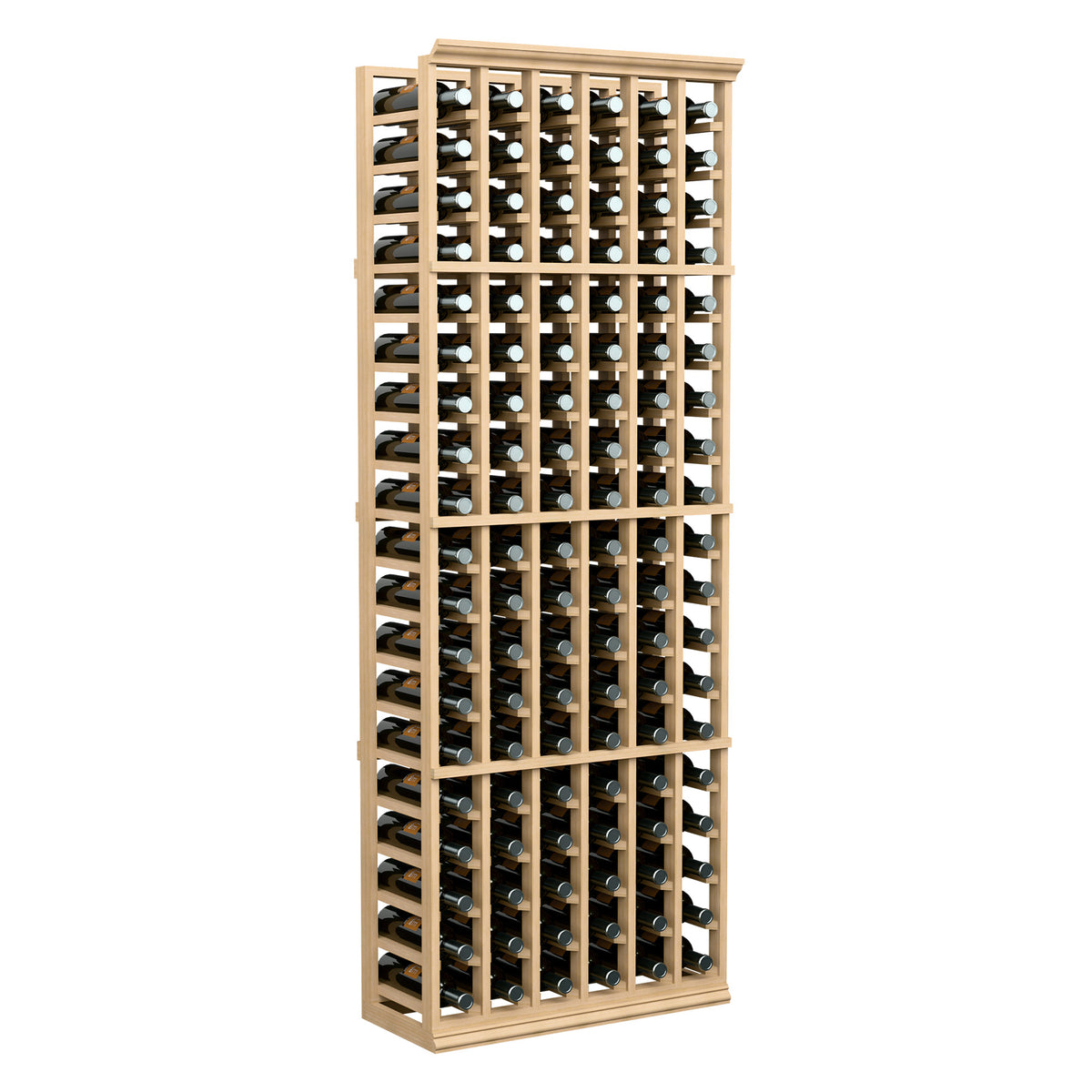 6-column wine bottle rack, 6 ft tall, light wood frame with bottle storage