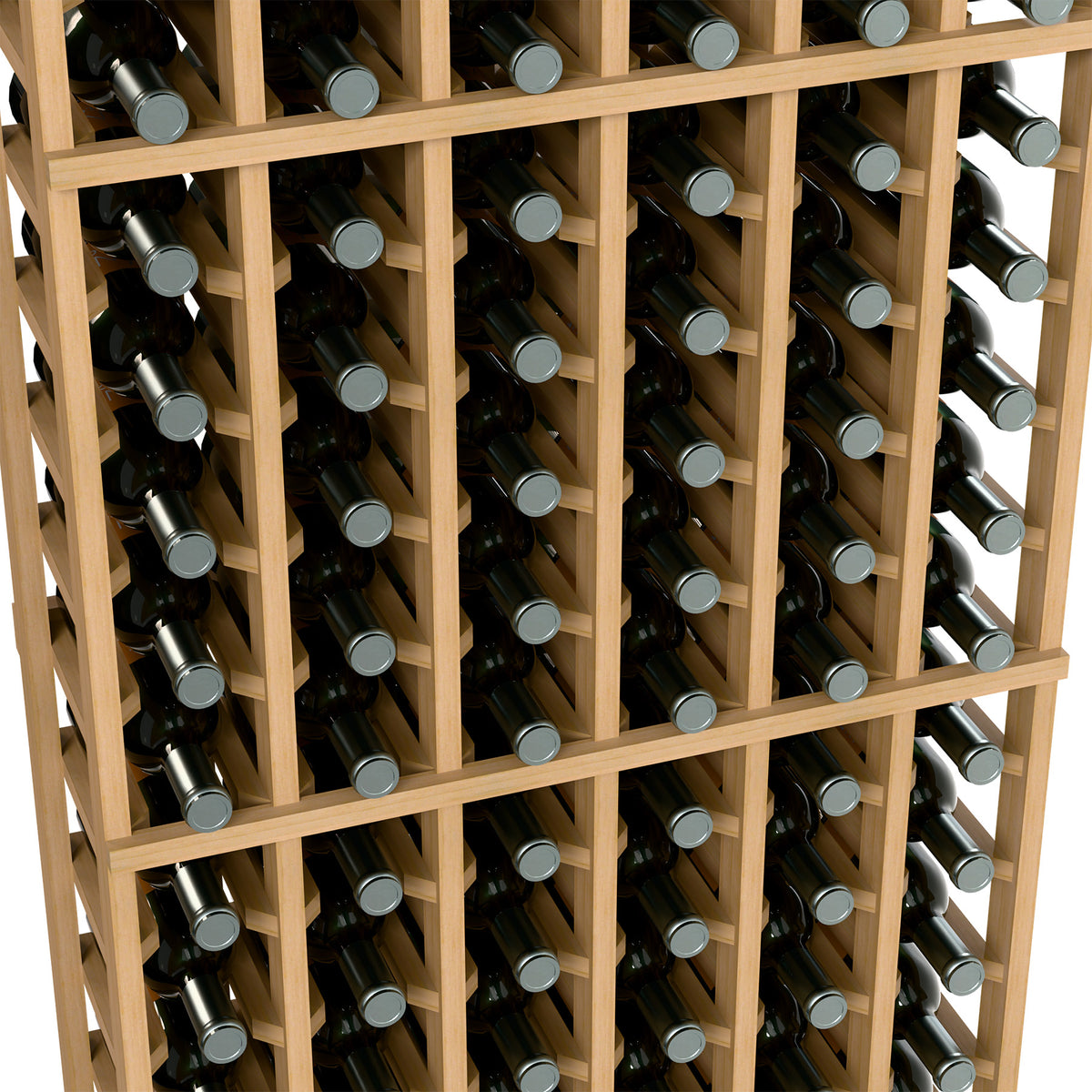 6-column wine bottle rack with light wood frame, close-up of stored bottles