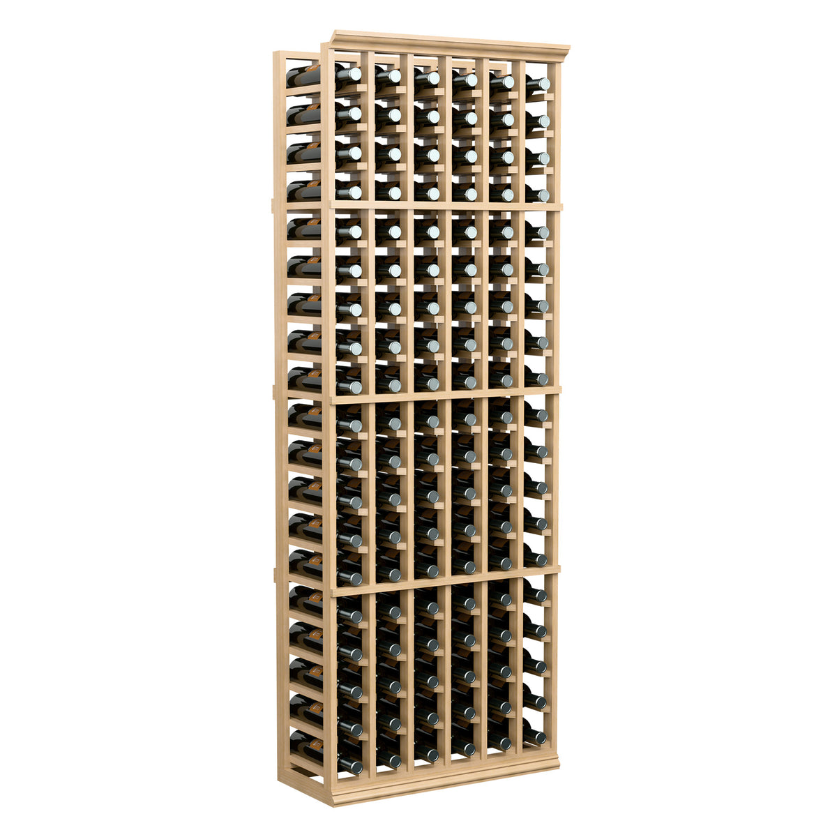 6-foot 6-column wine rack with light wood frame and bottles stored upright