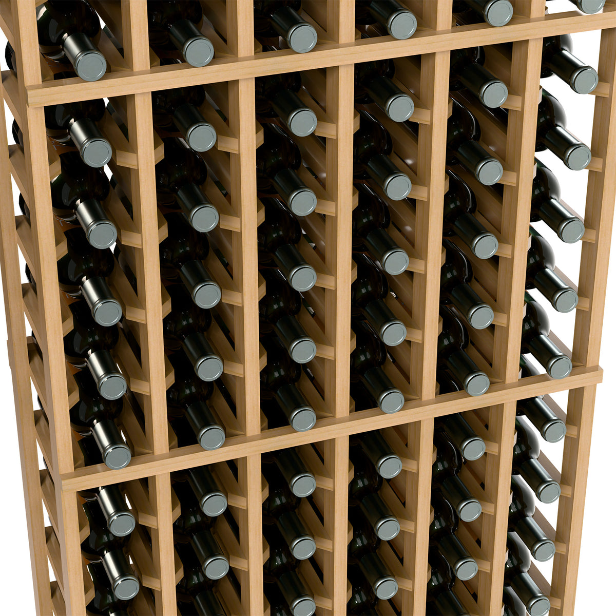 Close-up of 6-column wine rack with upright wine bottles in light wood slots