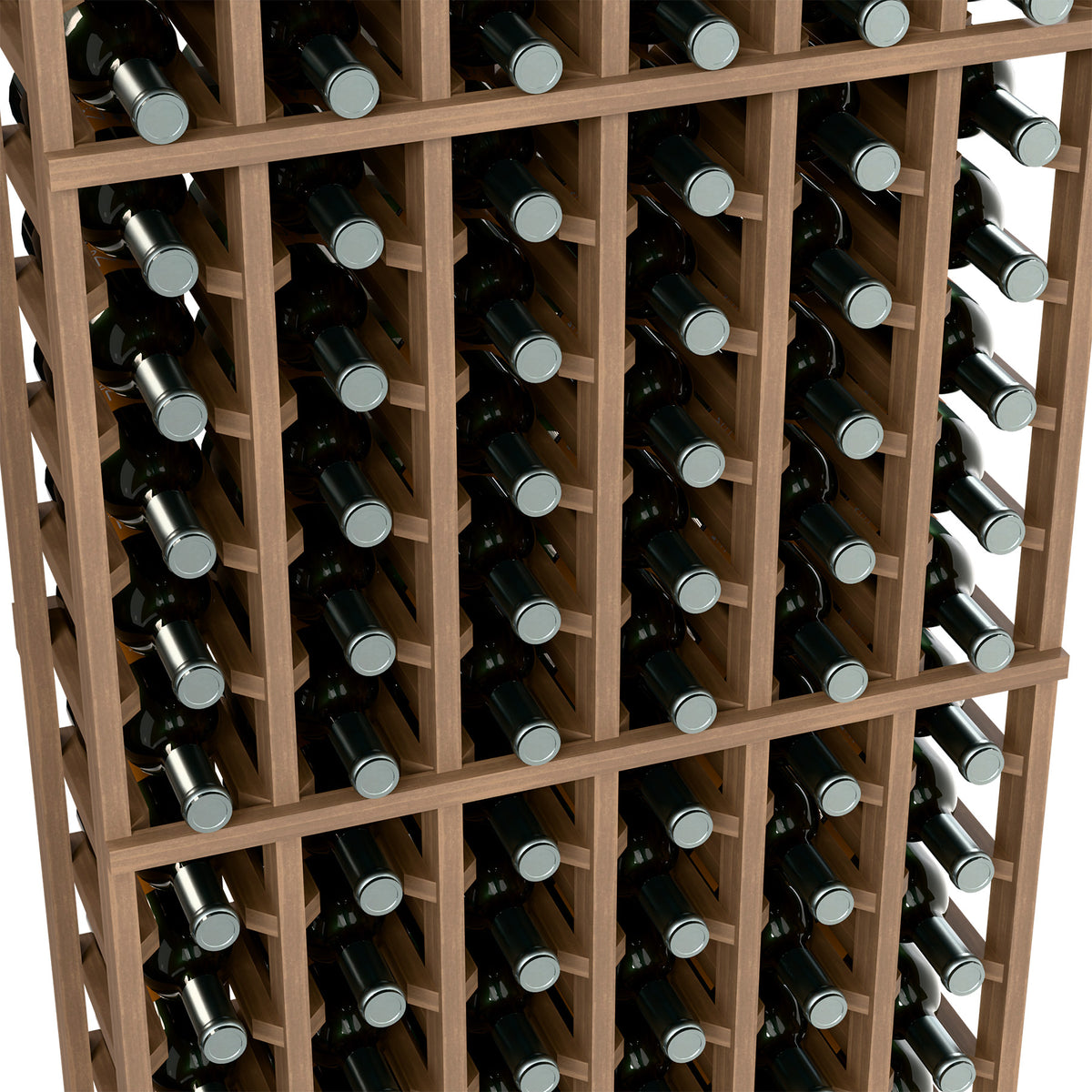 Close-up view of 6-column wine rack holding wine bottles in light wood dividers