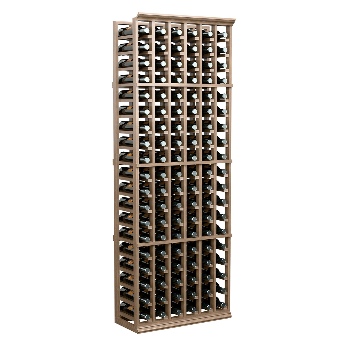 6-foot 6-column wine rack with light wood frame and top row of stored bottles