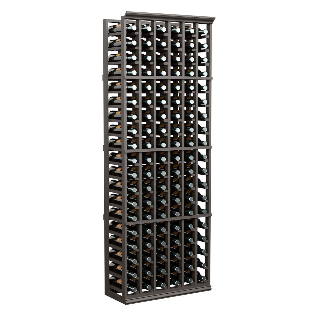 6-foot 6-column wine rack with dark wood frame and rows of stored wine bottles