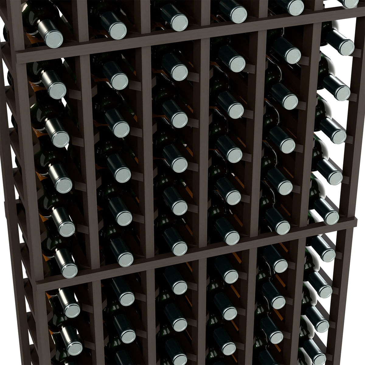 Close-up of 6-column wine rack holding wine bottles in dark wood dividers
