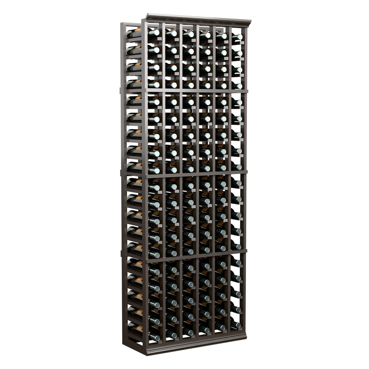 6-foot 6-column wine rack with dark wood frame and upright bottles on display