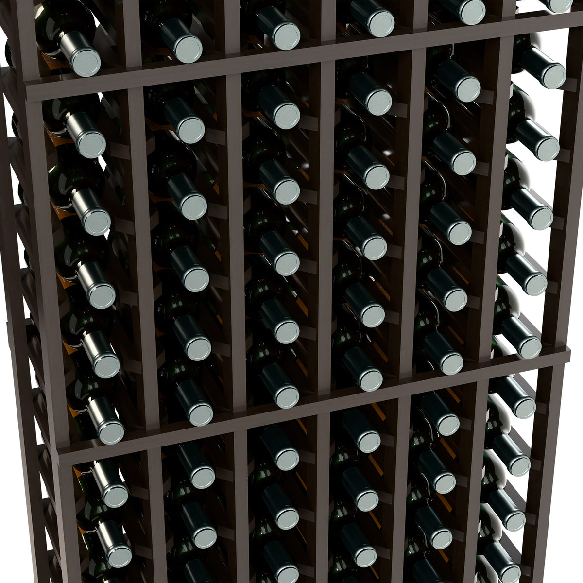 Close-up view of 6-column wine rack showing upright bottles in dark wood frame