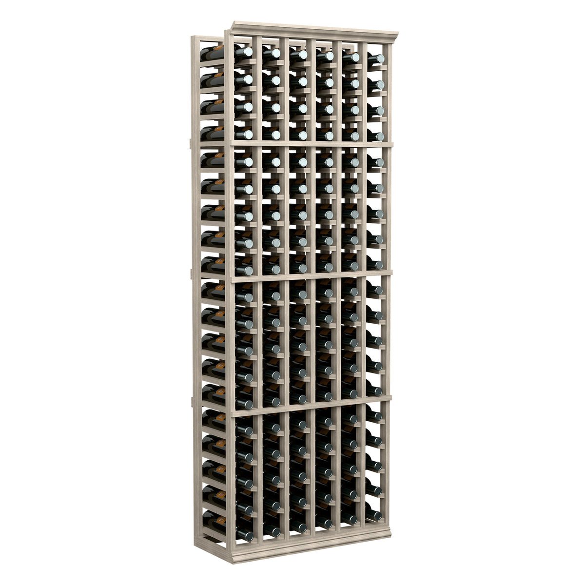 Dark 6-column wine bottle rack with multiple bottle rows and front grid.