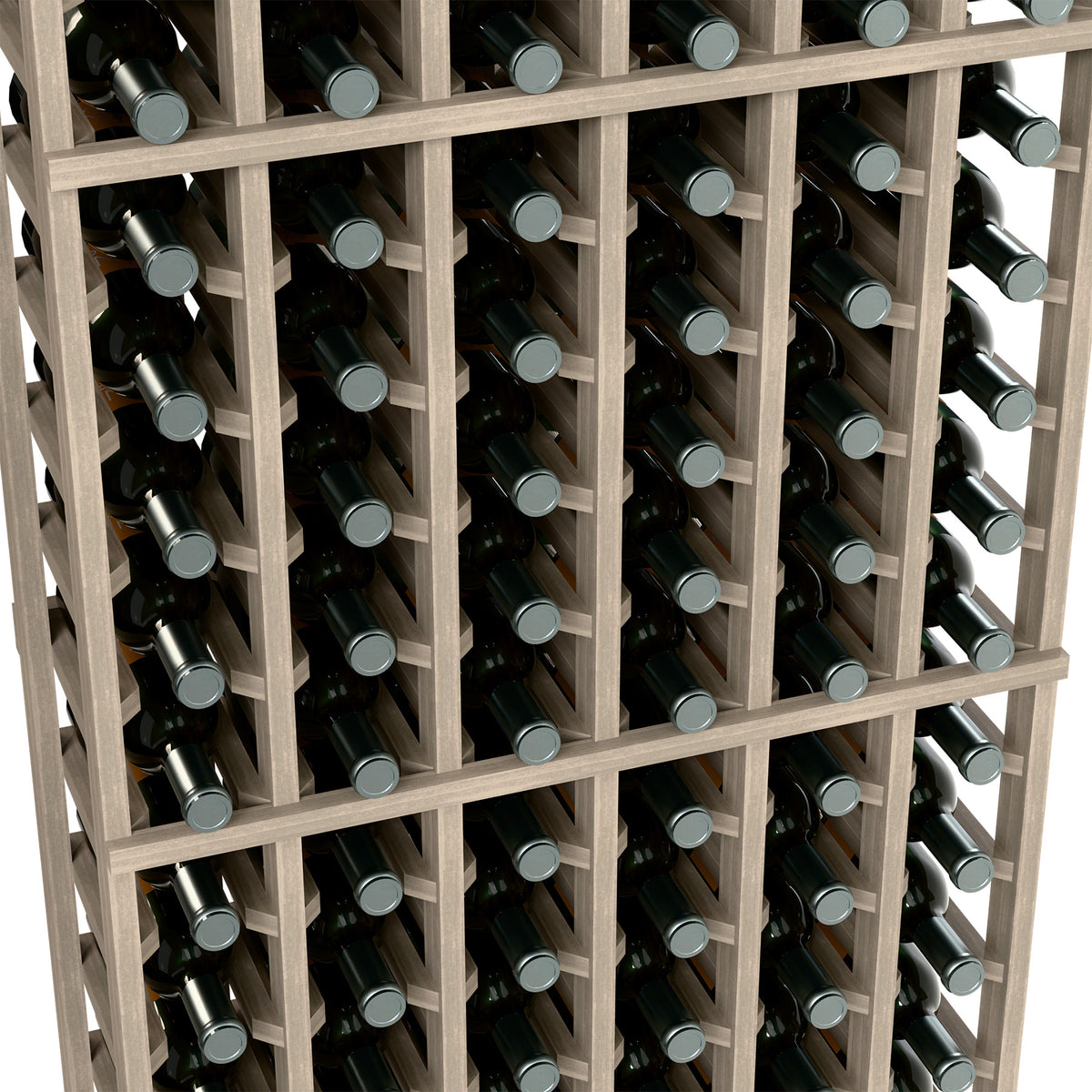 Close-up of dark 6-column wine bottle rack with bottles in square grid cells.