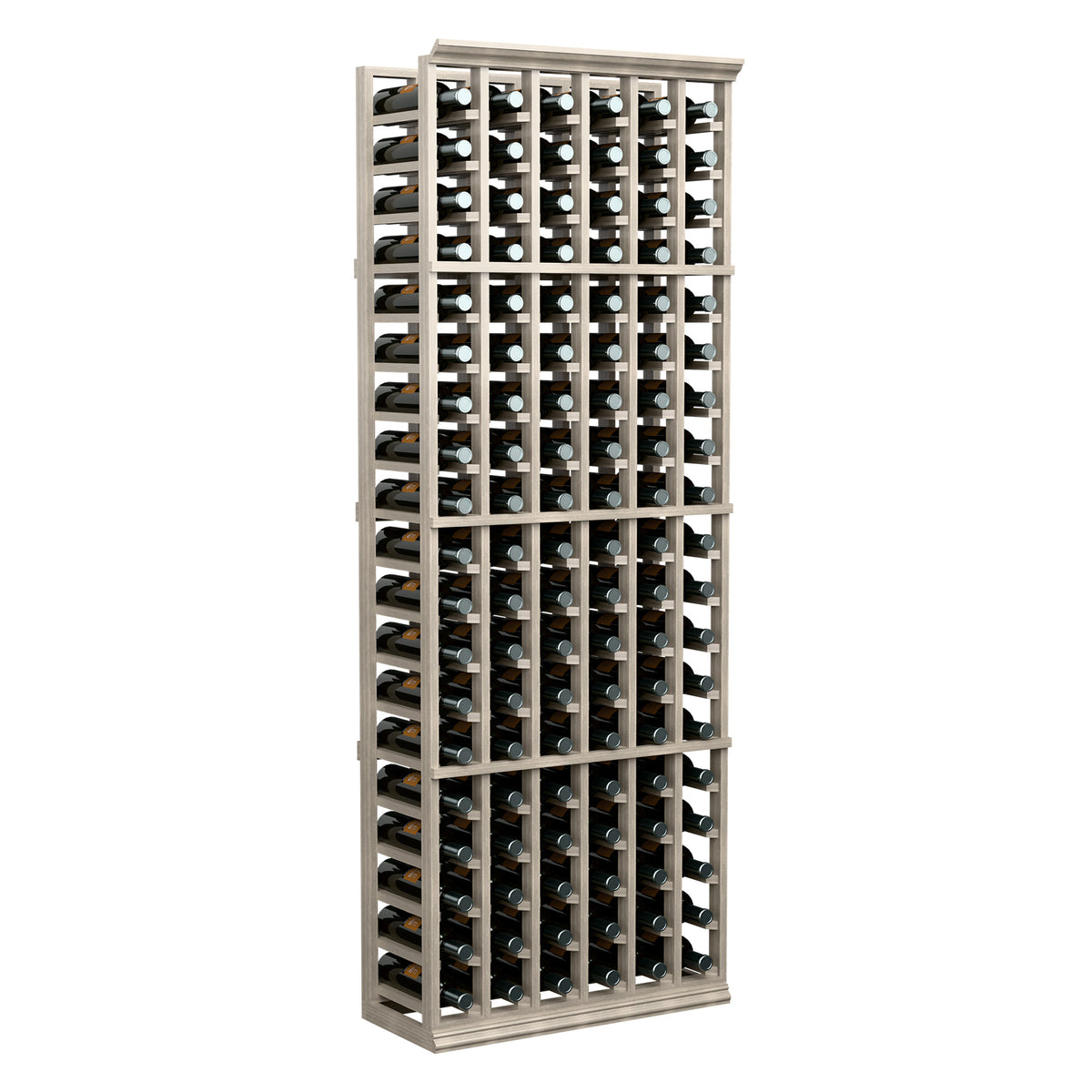 Dark 6-column wine bottle rack, 6 ft tall, with organized bottle compartments.