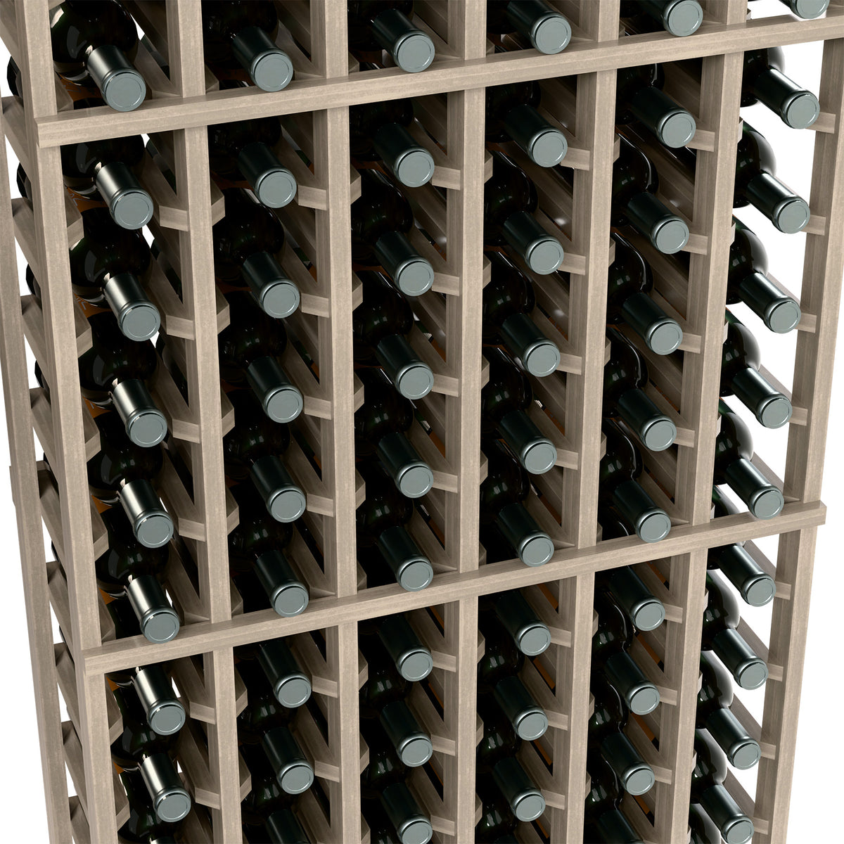 Close-up of dark 6-column wine bottle rack showing bottles and wooden dividers.