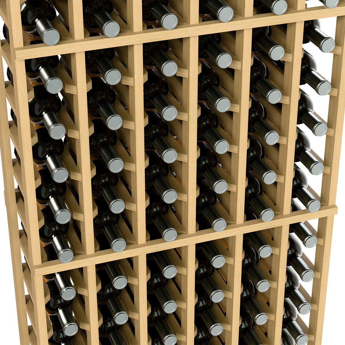 Close-up of light wood 6-column wine bottle rack with bottles in front grid cells.
