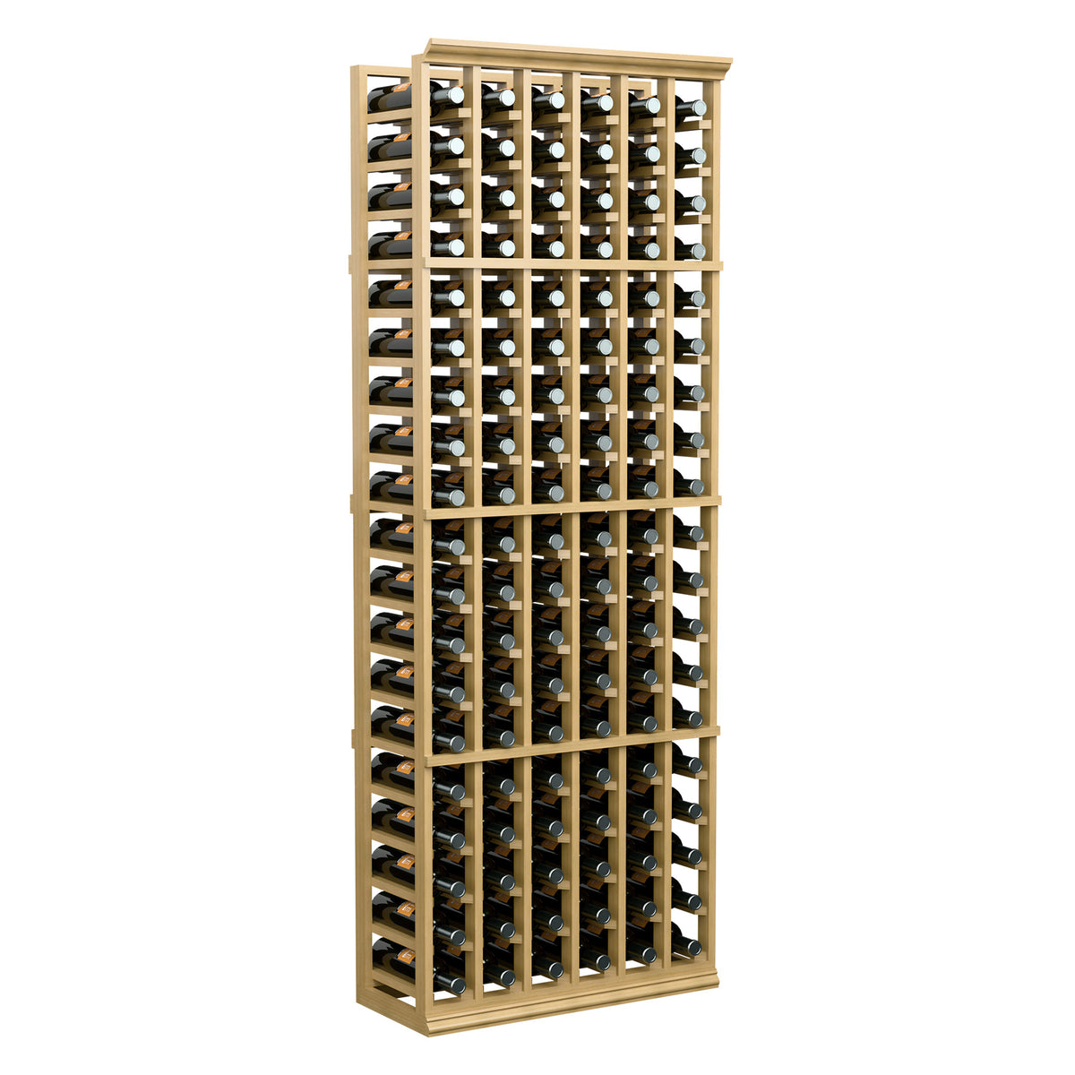 Light wood 6-column wine bottle rack, 6 ft tall, with bottle-filled compartments.