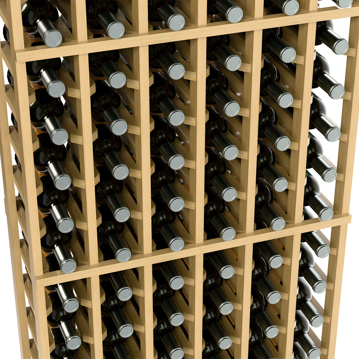 Close-up of light wood 6-column wine bottle rack showing bottles in square openings.