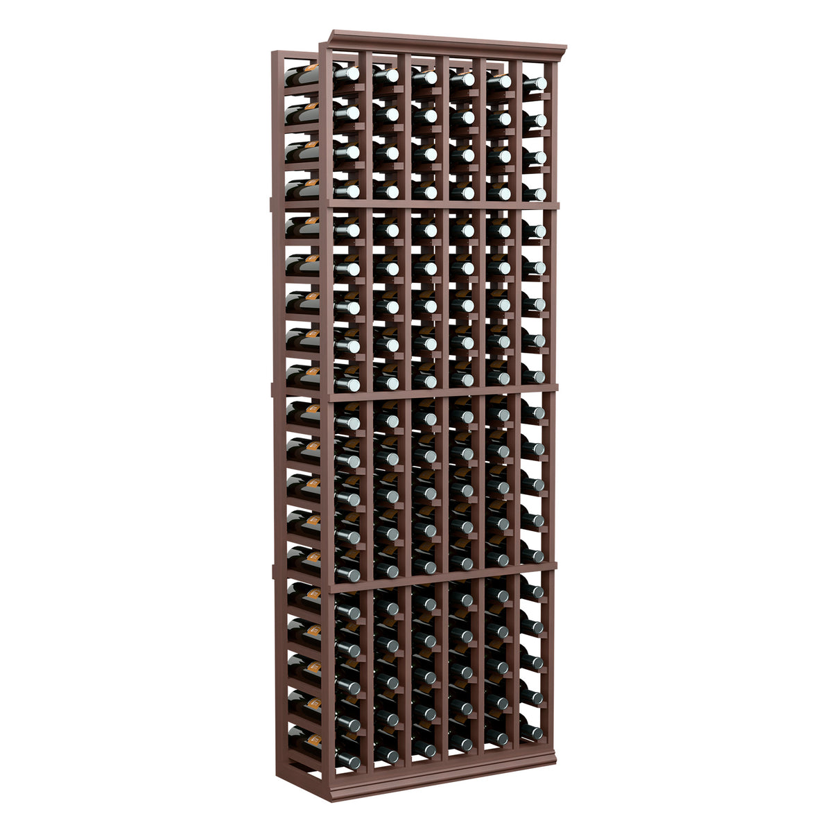 Light wood 6-column wine bottle rack with bottles arranged in a front grid.
