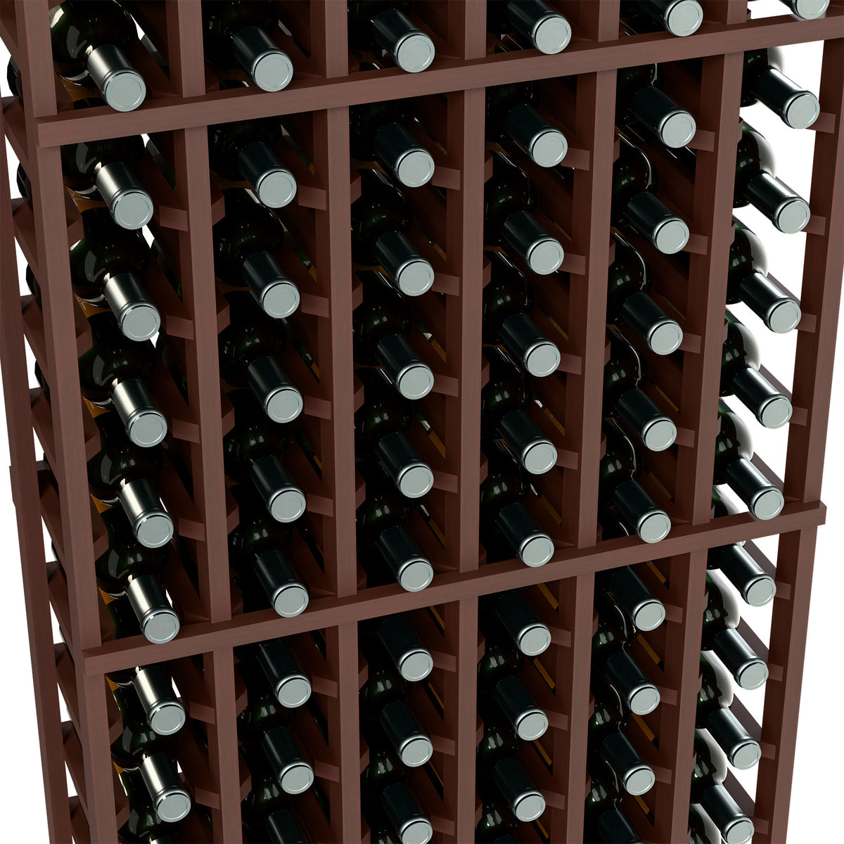 Brown 6-column wine bottle rack with bottles in front-grid compartments.
