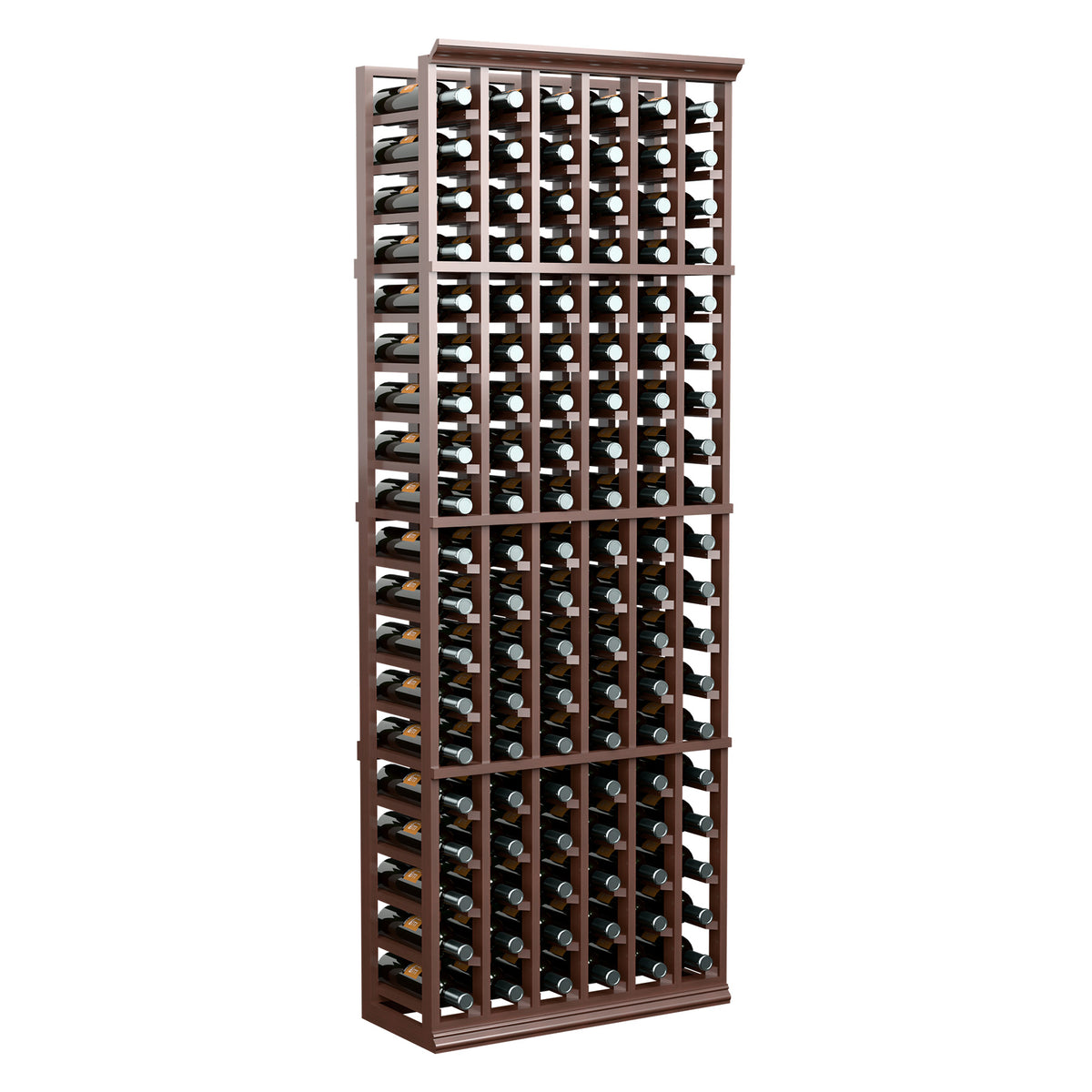 Wine bottle rack with dark wood frame and 6 columns, holding capped bottles