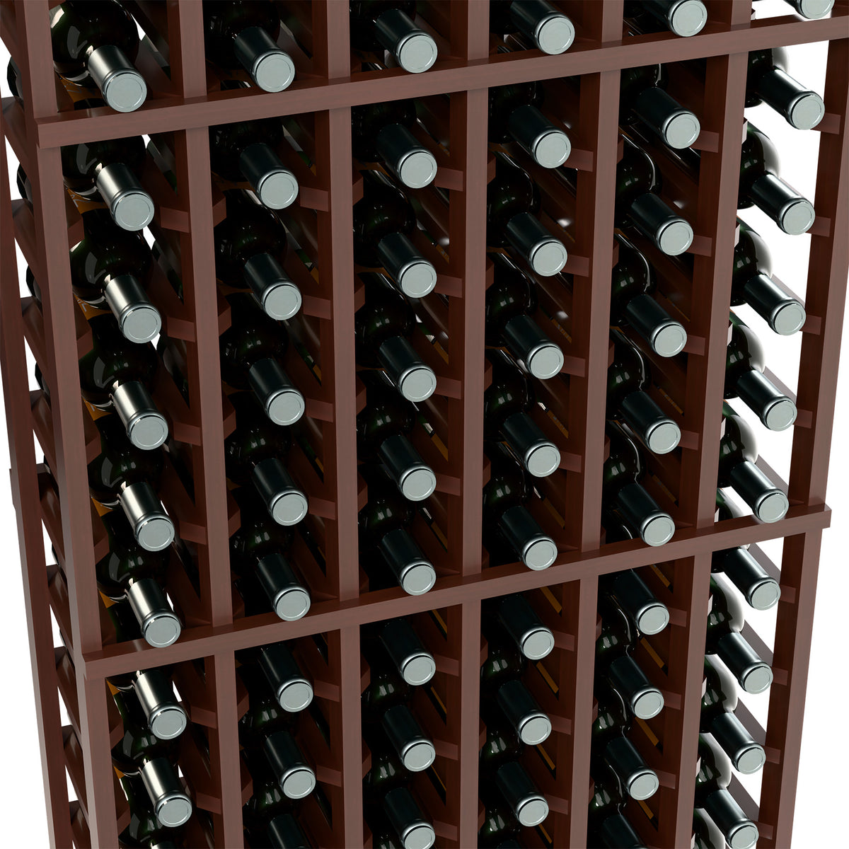 Close-up of dark wood wine rack slots with capped bottles arranged in rows