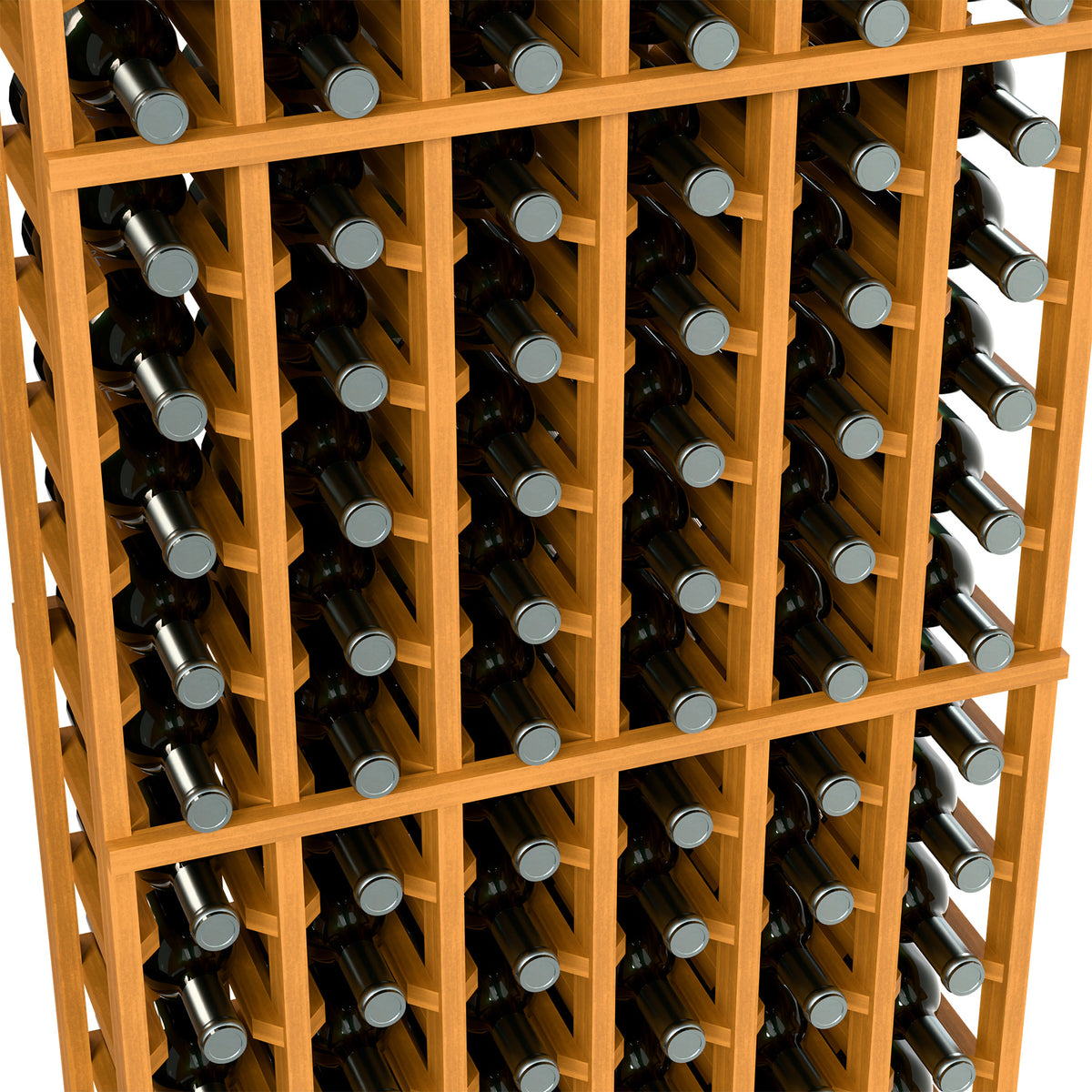 Close-up of light wood wine rack slots with capped bottles in neat grid rows