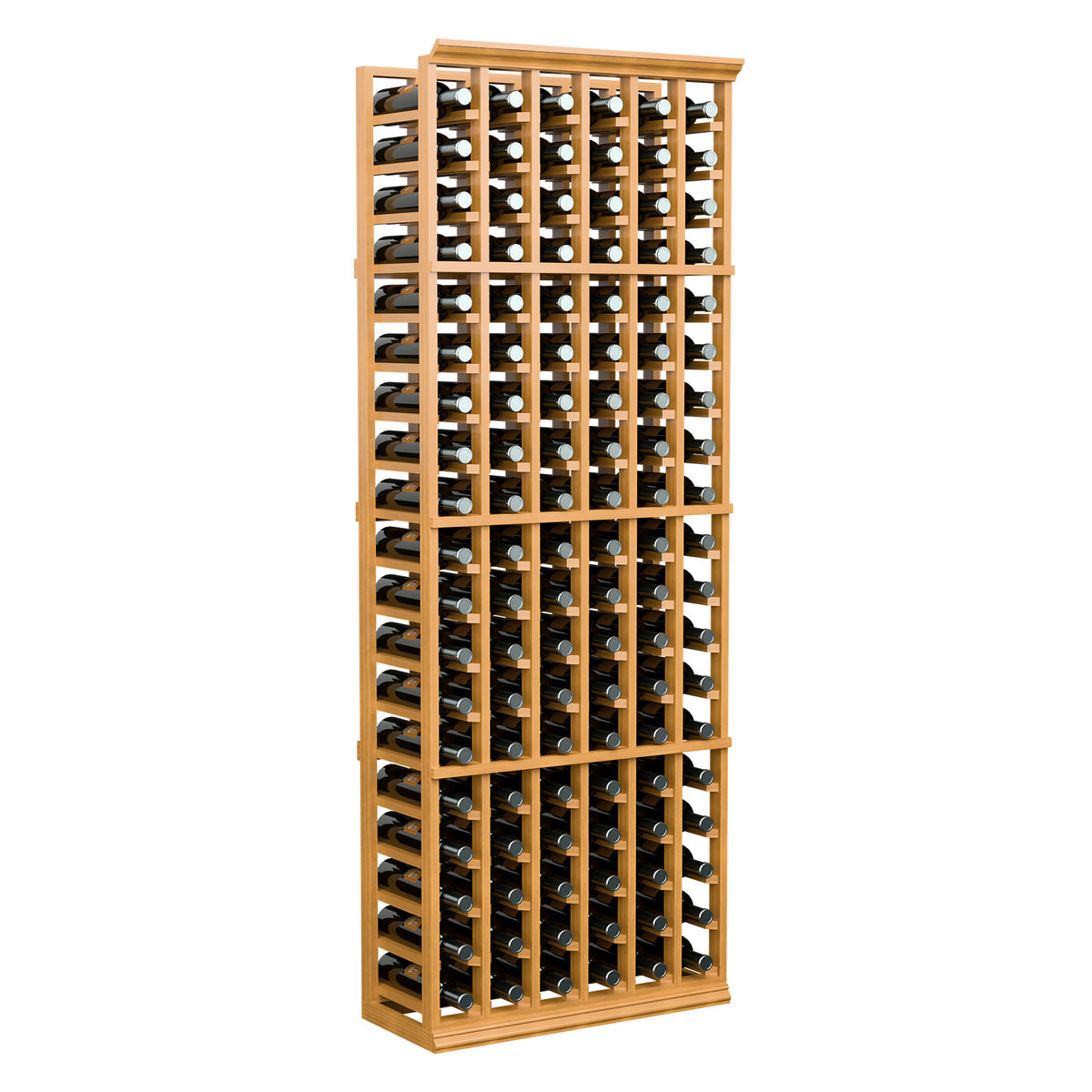 Wine bottle rack with warm light wood frame and 6 columns, holding capped bottles