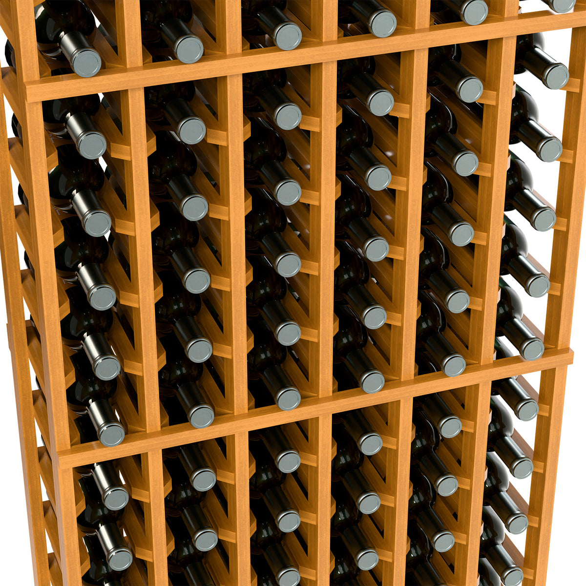 Close-up of warm light wood wine rack slots with capped bottles arranged by rows