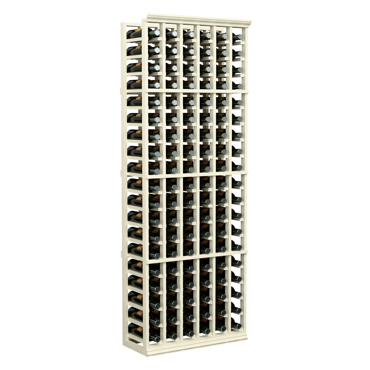 Wine bottle rack with white frame and 6 columns, holding capped bottles