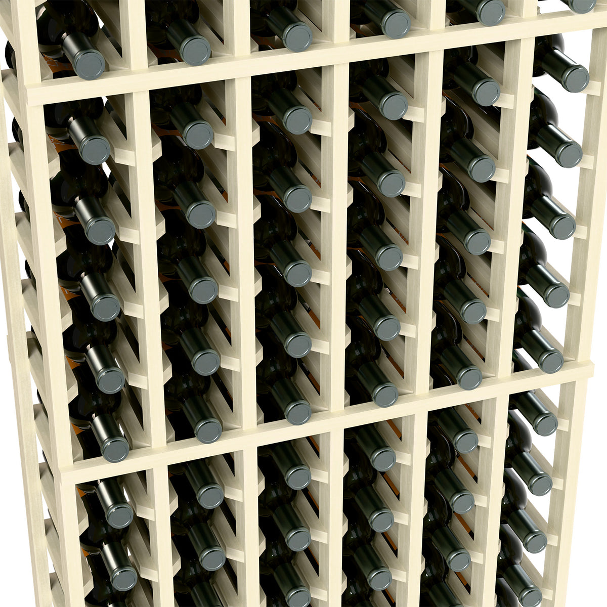 Close-up of white wine rack slots with capped bottles arranged in grid rows