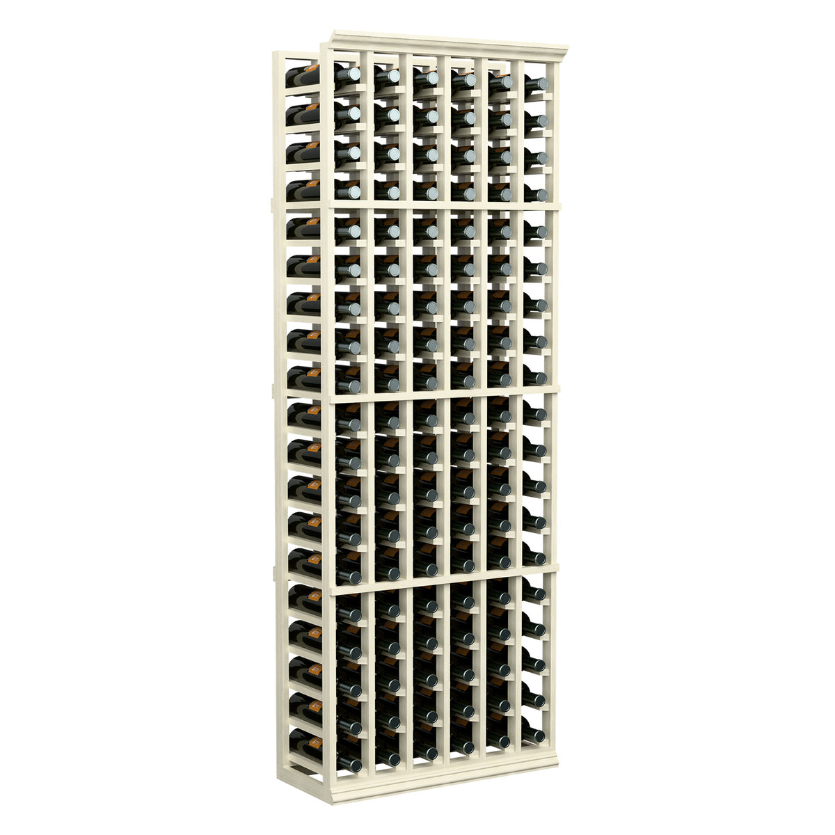 Wine bottle rack with white frame and 6 columns, holding many capped bottles