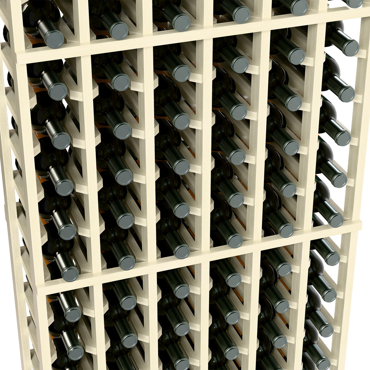 Close-up of white wine rack slots with capped bottles in tightly spaced rows