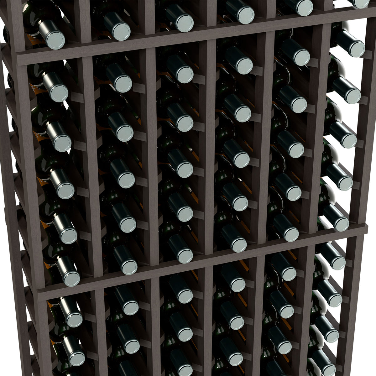 Dark wine bottle storage rack with grid rows of bottle openings