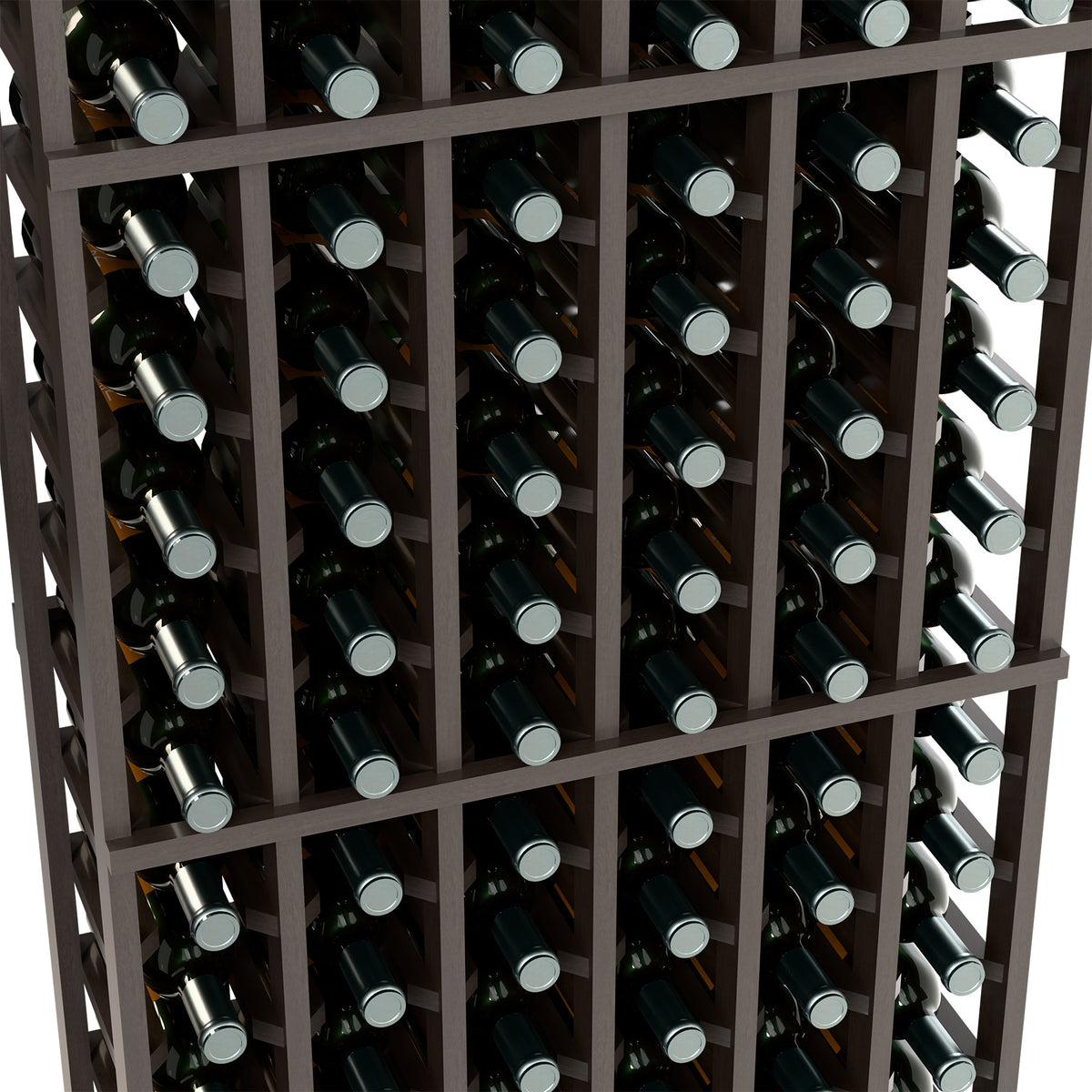 Dark wine bottle rack showing bottle ends and neck openings in a grid