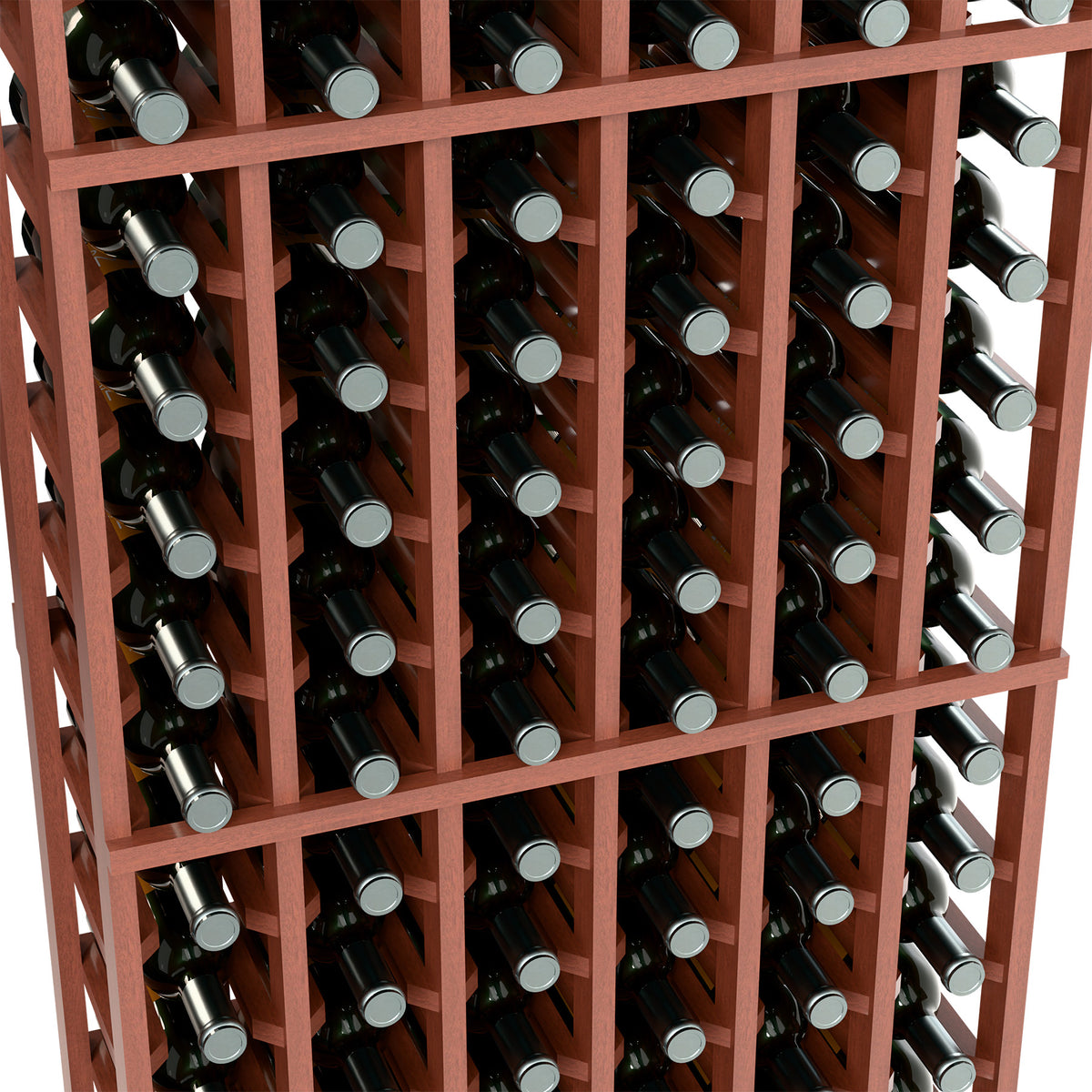 Reddish wood wine bottle rack with bottle ends and neck openings in a grid