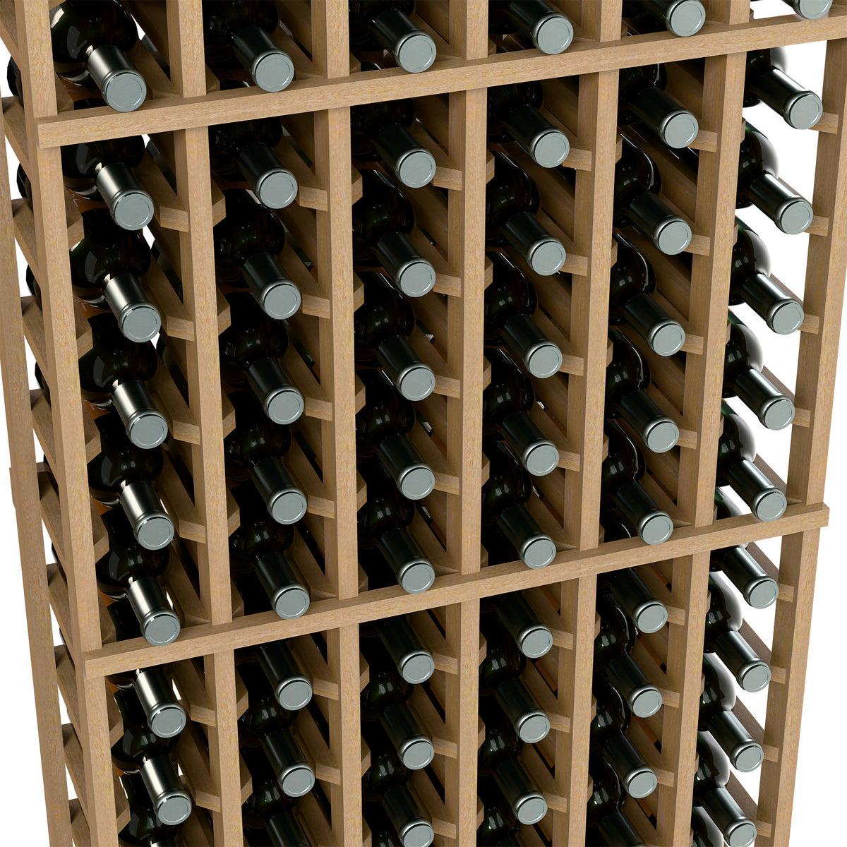 Light wood wine bottle storage rack with grid rows of bottle openings