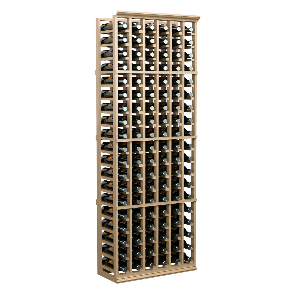 6-column wine bottle rack with light wood frame and bottle rows in slots