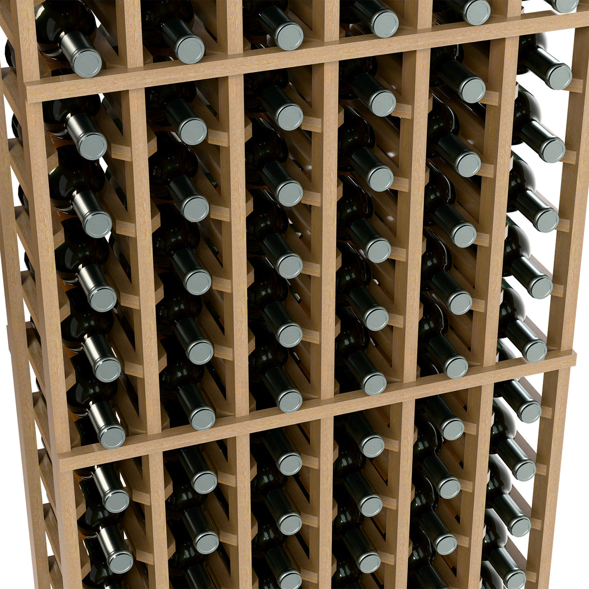 6-column wine bottle rack close-up with light wood dividers and bottle necks