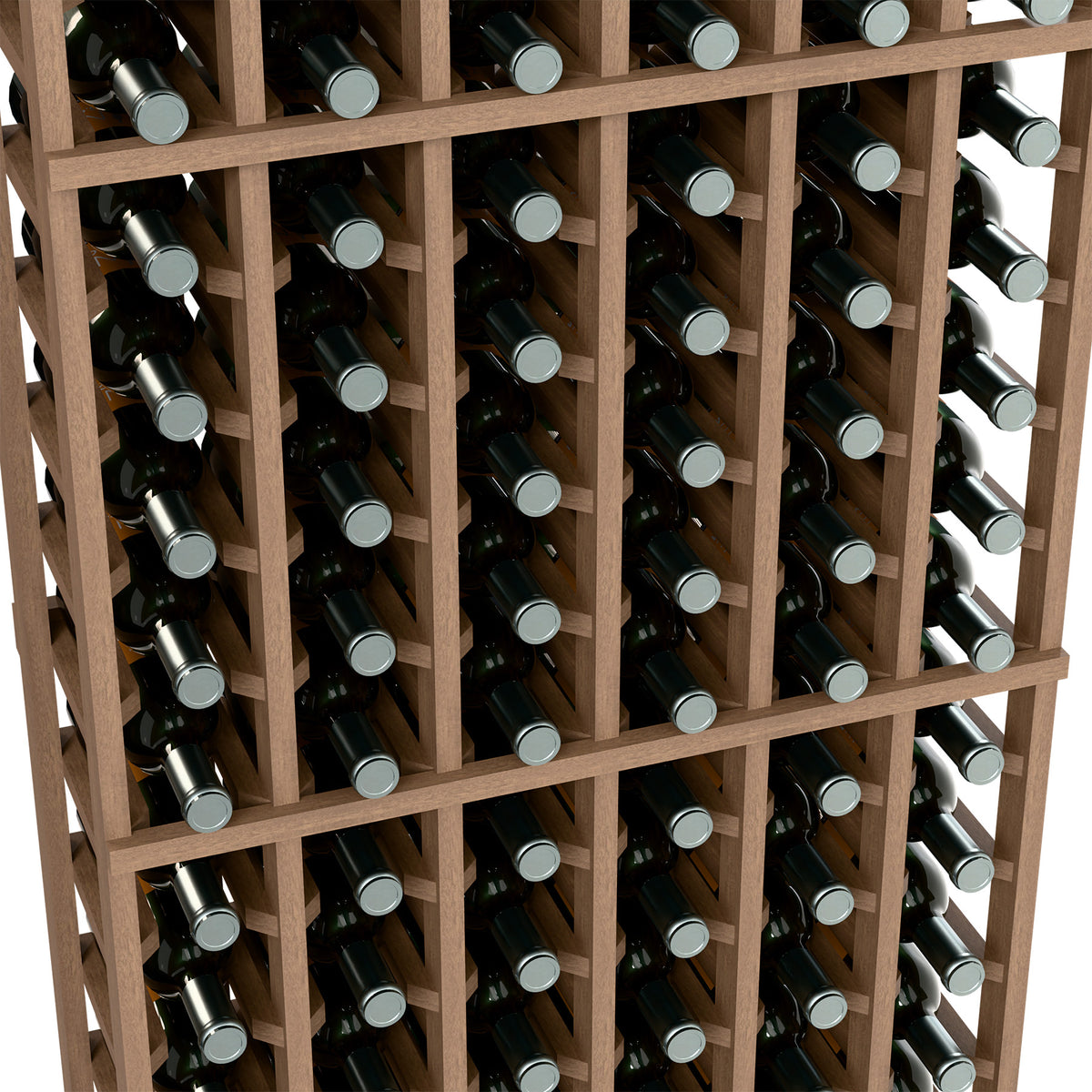 6-column wine bottle rack close-up with light wood frame and bottles in rows