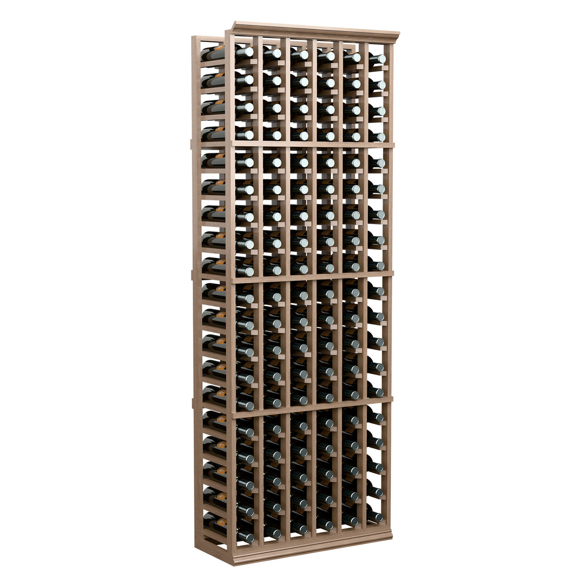 6-column wine bottle rack with light wood frame and bottle slots across columns