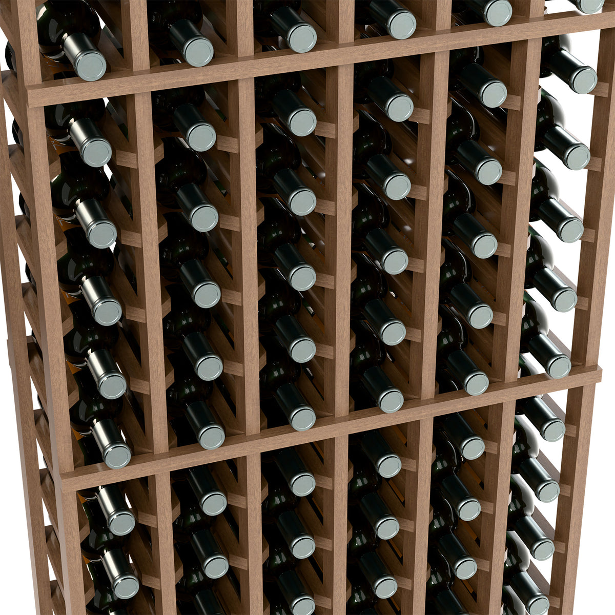 6-column wine bottle rack close-up with light wood dividers and bottle necks