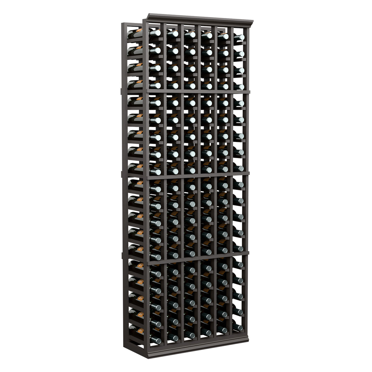 6-column wine bottle rack with dark wood frame and bottle rows in slots