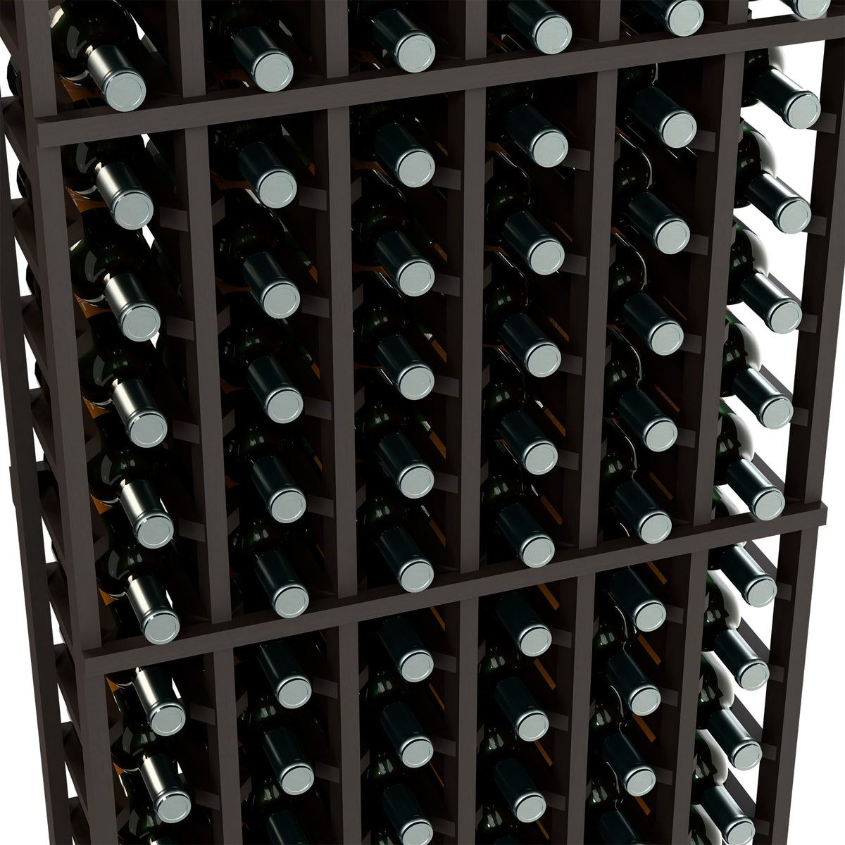 6-column wine bottle rack close-up with dark wood dividers and bottle necks